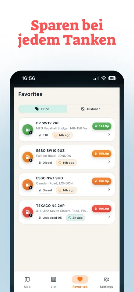 Nach Preis oder Entfernung sortieren